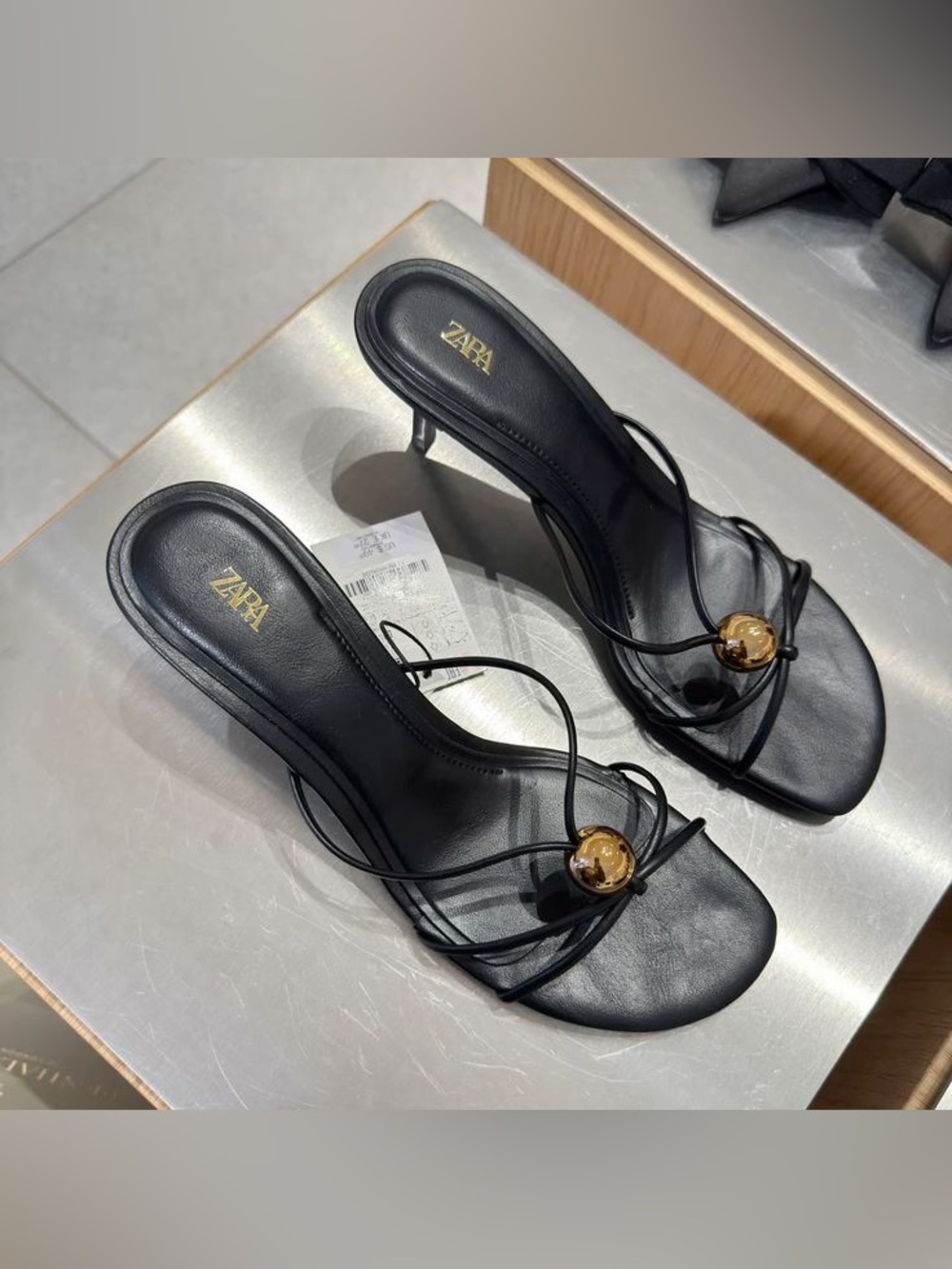 ZARA Black Strappy Heeled Sandals with Gold Orb Accent
